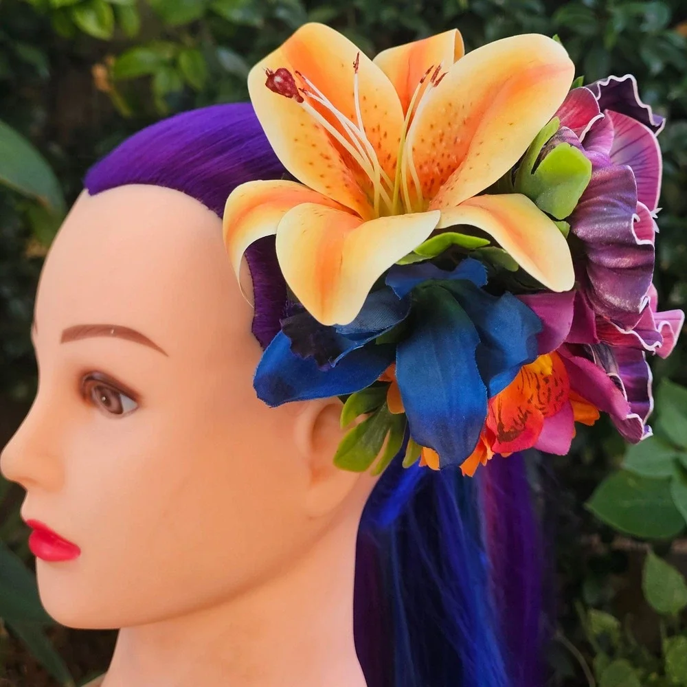 Handmade Tropical Floral Hair Clip Fascinator‎ Orchid Lily Tiki Burlesque